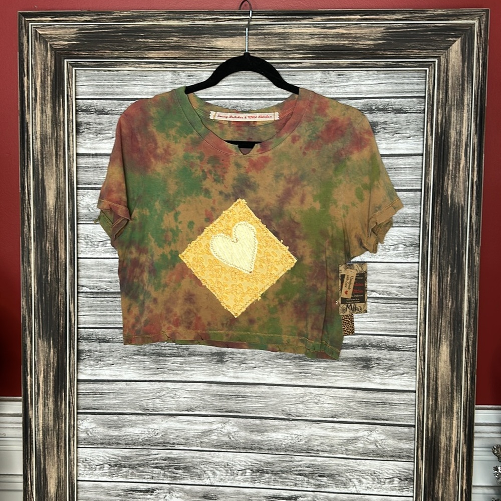Tie Dye Artisan Handmade Gypsy Boho Gypsy Cropped T Shirt with Vintage Chenille
